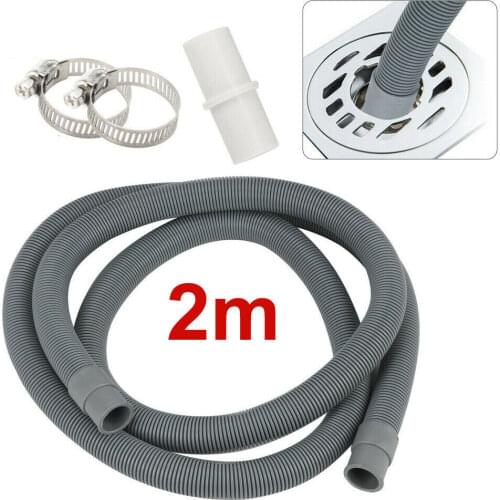 Universal Plastic Washing Machine Waste Drain Hose Extension Pipe Kit 2M & Hose Clips Durable for Water Draining