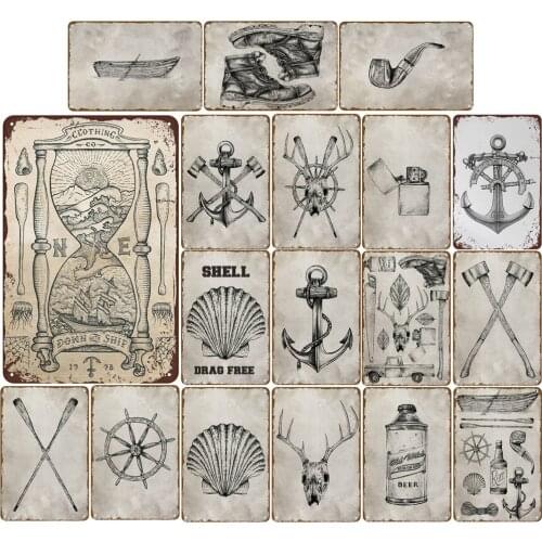 Vintage Metal Plaques Sketch Hourglass Boat Shoes Anchor Shell Pipe Lighter Axe Skull for Bar Gamer Room Decor Art Wall Poster