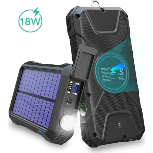 Solar Power Bank 20000mAh QI Wireless Solar Charger with Flashlight & Compass, Waterproof Portable External Battery Pack for iOS
