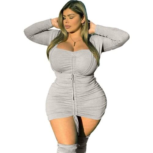 Plus Size Long Sleeve Bodycon Curved Mini Stress Sexy Night Club High Street Wear Fashion Holiday Birthday Style Dropshipping