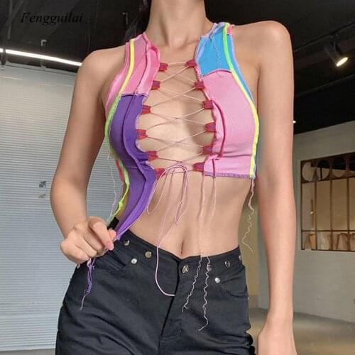 Women Patchwork Asymmetrical Top 2021 Summer Fashion Lace Up Tie Front Crop Tops Bodycon Hollow Out Sexy Hot Club Tanks