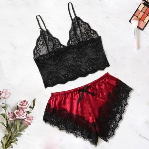 Women Sexy Lace See Through Sleepwear Set Camisole Elastic Bow Decor Shorts
