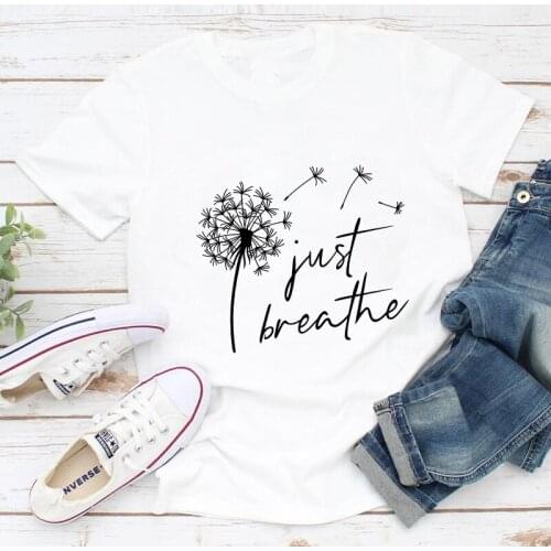 Just Breathe 100% Cotton T-shirt Aesthetic Dandelion Be Wild Tee Shirt Top Vintage Women Short Sleeve Graphic Hippie Tshirt
