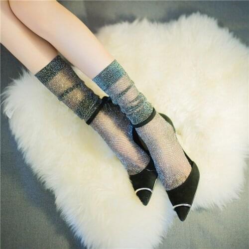 2018 Glitter Mesh Women Socks Fashion Silk Female Short Socks Shiny Harajuku Soft Ladies Funny Socks Transparent Elastic Hosiery