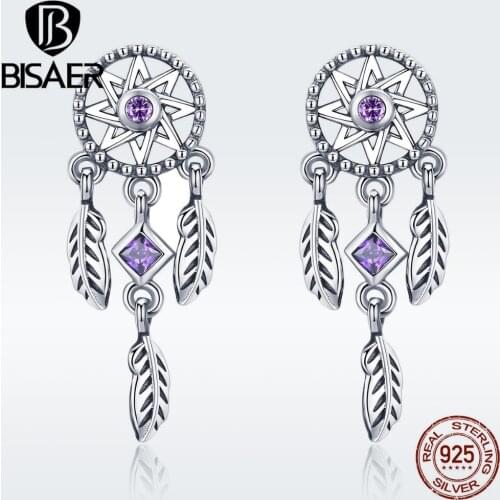 BISAER Hot Sale 925 Sterling Silver Dream Catcher Stud Earrings for Women Vintage Feathers Fashion Earrings Jewelry ECE502