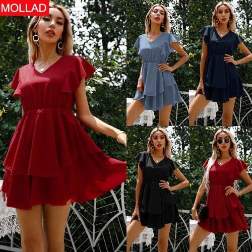 European and American 2021 Summer New Fashion V-neck Solid Color Waist Tight Cake Group Dress Mini Women Summer Dresses