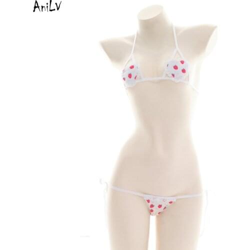 AniLV Sweet Girl Strawberry Love Halter Bikini Swimsuit Costume Summer Student Cute Swimwear Pool Party Cosplay