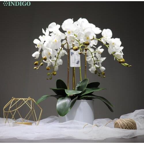 INDIGO- (9pcs/Lot With Vase) White Orchids DIY Flower Arrangment Real Touch Table Centerpiece Wedding Party Event Interior Trim