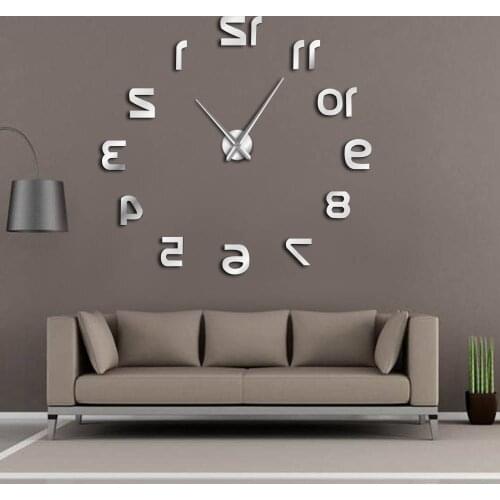 Backwards DIY Large Wall Clock Modern Design Reverse Numbers Frameless Wall Watch Luxury Mirror Effect Big Needle Reverse Clock