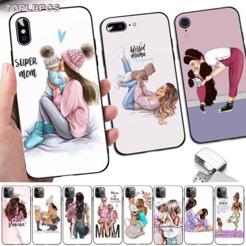 TOPLBPCS Black Brown Hair Baby Mom daughter Girl Son Dad Phone Case for iPhone 8 7 6 6S Plus X 5 5S SE 2020 XR 11 pro XS MAX