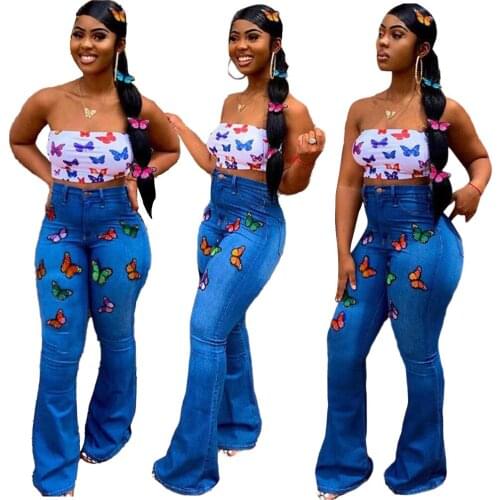 European and American womens fashion all-match butterfly embroidery washed stretch wide-leg pants flared pants mom jeans