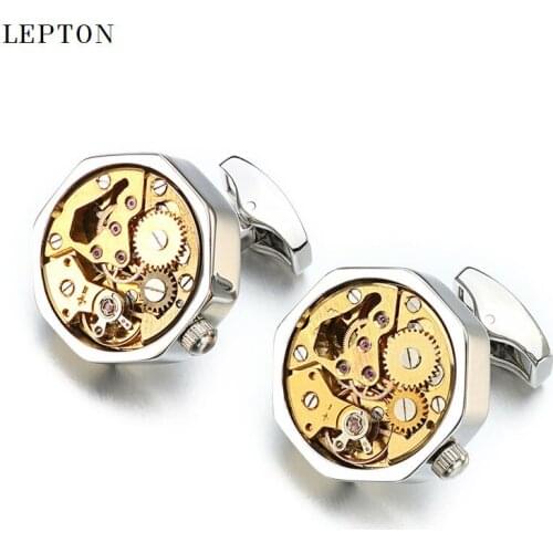Hot Sale Non-Functional Watch Movement Cufflinks for mens Don't Move Stainless Steel Steampunk Gear Watch Mechanism Cuff links