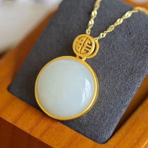 Natural Hetian white jade Round Pendant Necklace with Chinese classical unique gold craft light luxury womens festival gift