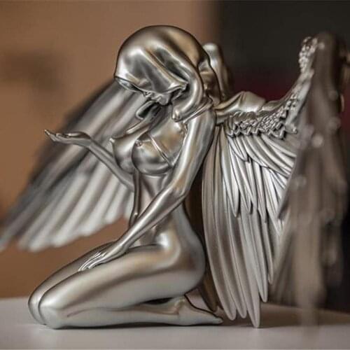 Art Female Angel Wings Statue Resin Miniature Sculpture Kneeling Decoration Office Home Craft Desktop Indoor Garden Decor 2021