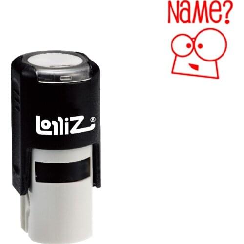 LolliZ "NAME?" Round Self-Inking Stamp, Teacher Stamp W/Lid, Laser Engraved Rubber, RED