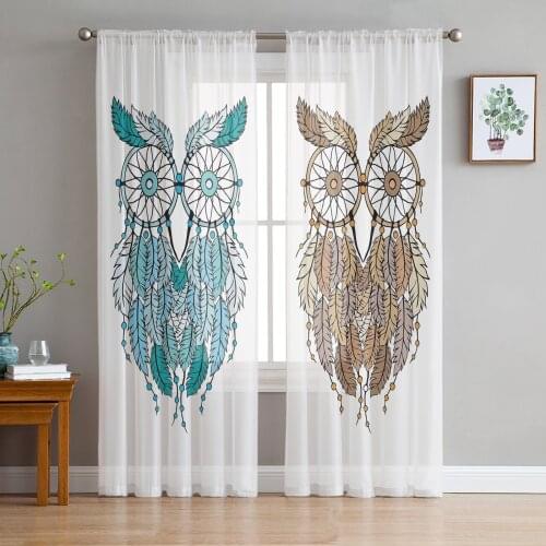Dream Catcher Owl Feather Art Cute Cartoon Tulle Window Curtain for Living Room Modern Sheer Curtain for Bedroom Kitchen Drapes
