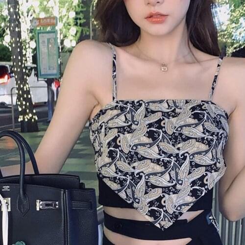 Korean Women Tank Top Sexy Spaghetti Strap Sleeveless Print Crop Top Tube Top Female Sleeveless Cropped Vest Summer Camis