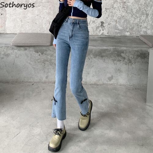 Sweet Slim Fit Jeans Women Summer Boot Cot Trousers Ankle-length Bow Split Empire High Elasticity Elegant Fashion Casual Flare