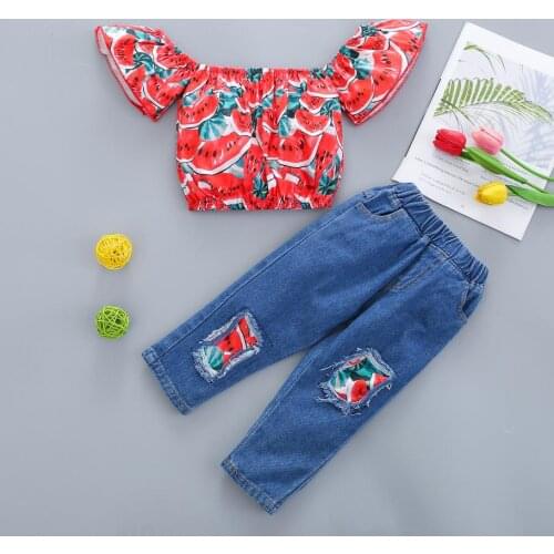 Fashion Children Girls Summer Off Shoulder Fruit Print Crop Shirt Tops Denim Ripped Hole Pants Outfits Girls Clothing Sets 0-4Y