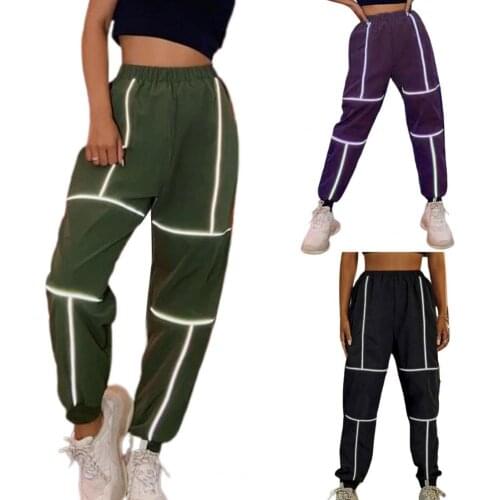 Fashion Ankle-Tie Cargo Pants Reflective Stripes Loose Sweatpants Women Ankle Tied High Waist Trousers for Sports 2021 New S-3XL