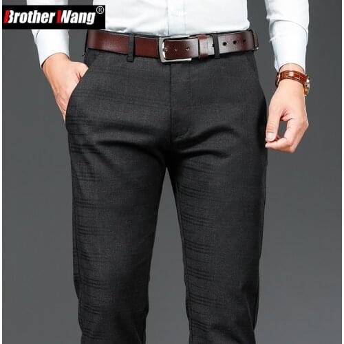 2021 Autumn New Brushed Plaid Fabric Mens Business Casual Pants Classic Style Regular Fit Straight Trousers Male Brand Clothing