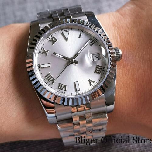 BLIGER Date 36mm Fluted Bezel Automatic Men Watch Silver Dial Roman Numbers MIYOTA 8215 Jubilee Bracelet Glass Back Sapphire