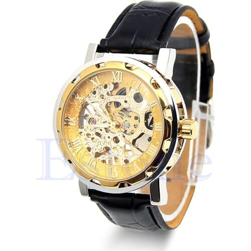 Mens Classic Black Leather Gold Dial Skeleton Mechanical Sport Wrist Watch L93F