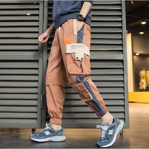Men Cotton Casual Pants Contrast Color Men Multi Pockets Cargo Pants 2020 Elastic Waist Men Trousers Hip Pop Brand Pants w405