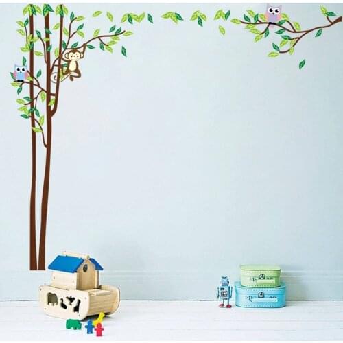 Owl Monkey Big Tree Wall Sticker Home Decals Diy Adesivo De Parede Cartoon Wallpaper For Kid Bedroom Baby Pvc Decoration Poster