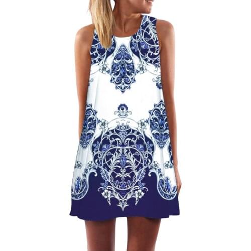 New Women Dress Vintage Boho Summer Sleeveless Beach Short Mini Dress Plus SIze Sundresses Casual Printing Tank Dress For Women