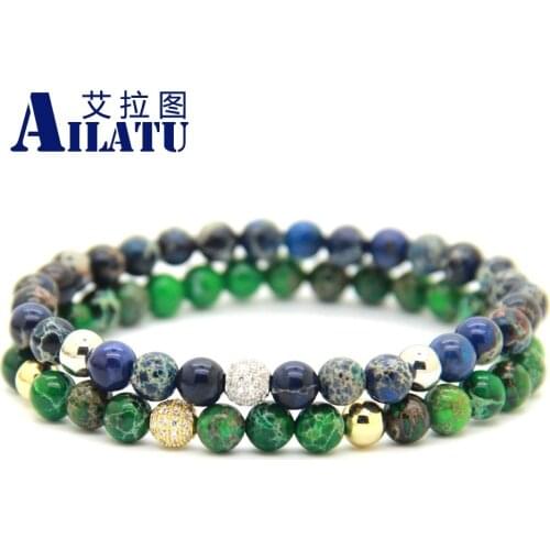 Ailatu New Design 6mm Sea SediMenst Stone Micro Pave CZ Beads Bracelet Fashion Jewelry