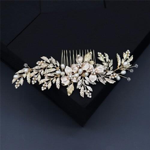 OKILY New Gold Color Wedding Jewelry Handmade Imitation Pearl Hair Comb Flower Leaf Head Accessories for Women Birthday Gift