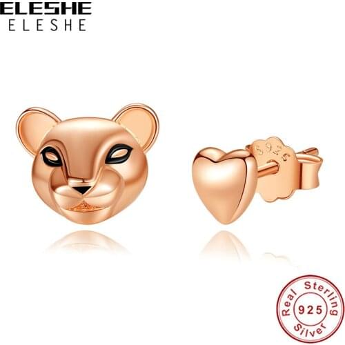 Autumn New Genuine 925 Sterling Silver Earrings Rose Gold Lioness & Heart Stud Earrings for Women Girls Jewelry Christmas Gift