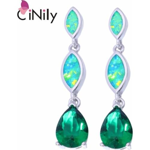 CiNily Created Green Fire Opal Green Quartz Silver Plated Wholesale for Women Jewelry Gift Stud Earrings 1 1/4" OH3376