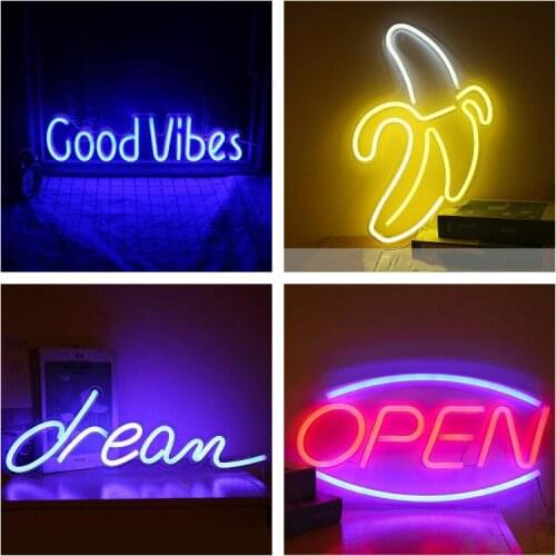 LED Neon Light USB Sign Open GoodVibes Party Christmas Backplane Neon Lights for Bedroom Wall Decoration Night Lamp