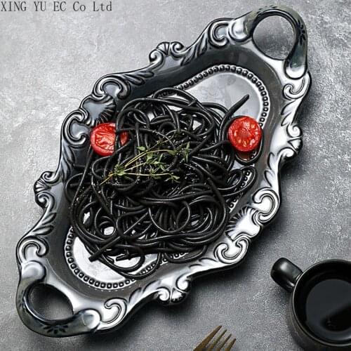 Irregular Storage Tray Embossed Western Dinner Plate Steak Plate Double Ear Pasta Plate Solid Color Retro Decoration Swing Plate