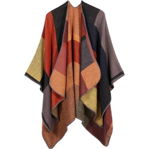 Warm Knitted Multi Color Scarf Thick Oversized Wool Shawl Wrap Women Ruanas Cape Open Front Acrylic Woven Cardigan Poncho Stole