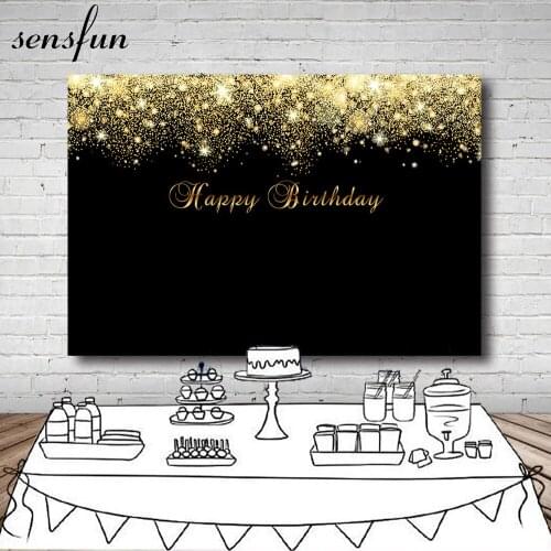 Sensfun Shiny Gold Glitter Photography Backdrop Black Happy Birthday Party Backgrounds For Photo Studio 7x5ft Vinyl