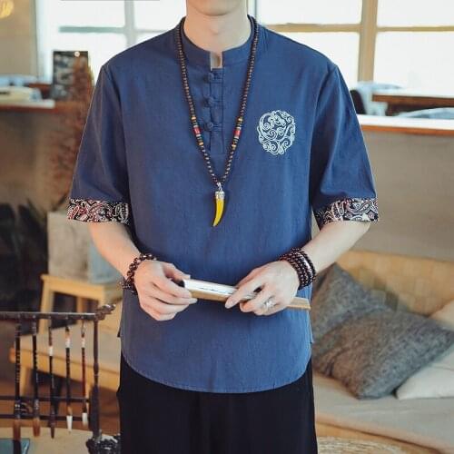 Japanese Kimonos Short-Sleeved T-shirt Embroidered Harajuku Yukata Japan Summer Male Linen Men Shirts New Asian Costume