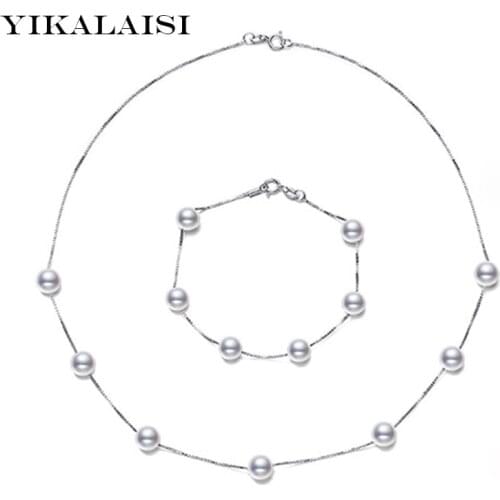 YIKALAISI 2017 7-8 mm 100% Natural Freshwater Pearl Jewelry Set For Women Bracelet and Necklace Set Gift 925 sterling silver