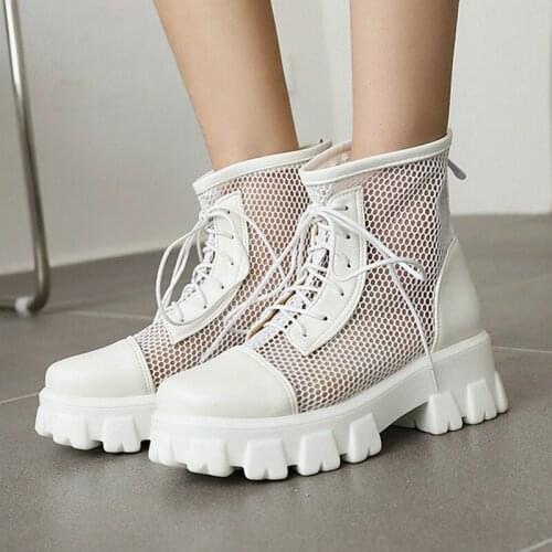 Black White PU Leather Women Net Boots Platform Square Heel Summer Ankle Boots Fashion Zipper Lace UP Short Boots Plus Size 43
