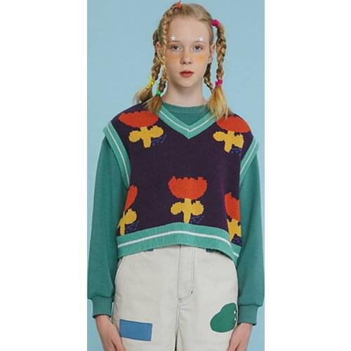 Casual Autumn Winter Design Lovely Flower Women Short Kitted Vest V Neck Loose Sleeveless Pullovers Sweaters Jumpers Tops Pretty