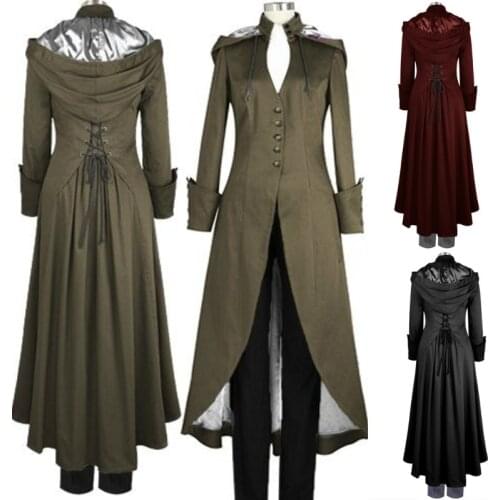 Women Steampunk Vintage Maxi Trench Victorian Costume Black Long Slim Fit Hooded Robe Coat for Lady 4XL Plus Size