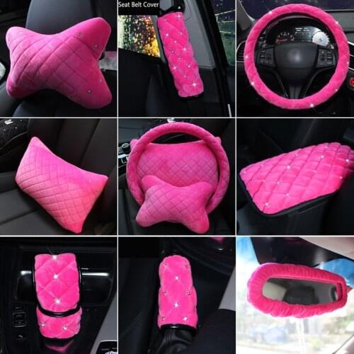 Winter Plush Car Interior Accessories Pink Steering Wheel Cover Neck Rest Pillow Seatbelt Cover Shifter Hand Brake Sets