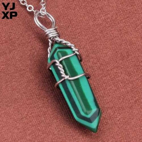 YJXP 1 Pcs Classic Malachite Stone Pendant Link Chain Necklace Wire Winding Hexagon Prism Stone Necklace for Women Charm Jewelry