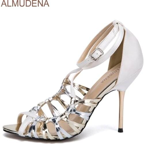 ALMUDENA Graceful Colorized High Heel Sandals Gold Heels Cross Strappy Dress Pumps Color Patchwork Cage Shoes Metal Heel Shoes