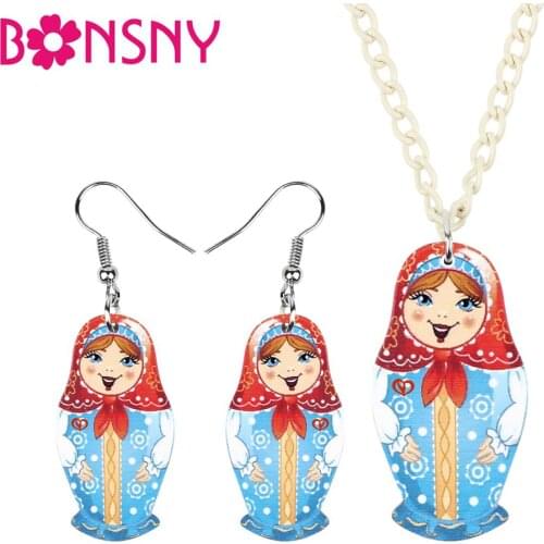 Bonsny Acrylic Jewelry Set Russian Doll Rural Girl Necklace Earrings Fashion Pendant For Women Girls Charm Gift Decoration NE+EA