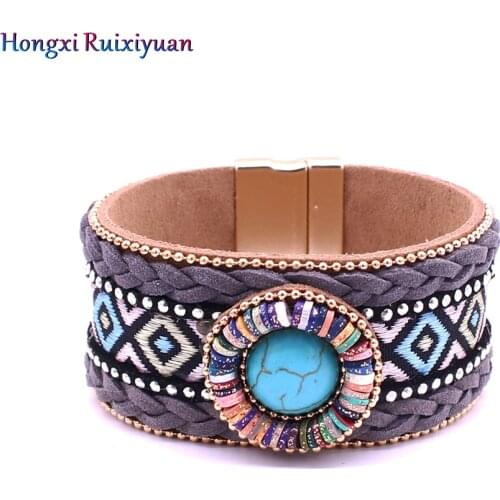 Bracelet jewelry bohemian leather rhinestone bracelets for women hand-woven khaki gray leather magnetic beaded bracelet