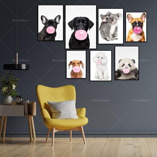 Baby Nursery Pink Blowing Balloon Animal Panda, French Bulldog, Sheep, Wall Art Poster Printing Canvas Painting Children Room De