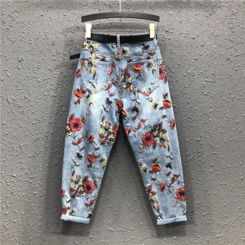 Flower jeans high waist fashion woman denim harem pants flower print high waist loose cropped trousers loose womens trousers